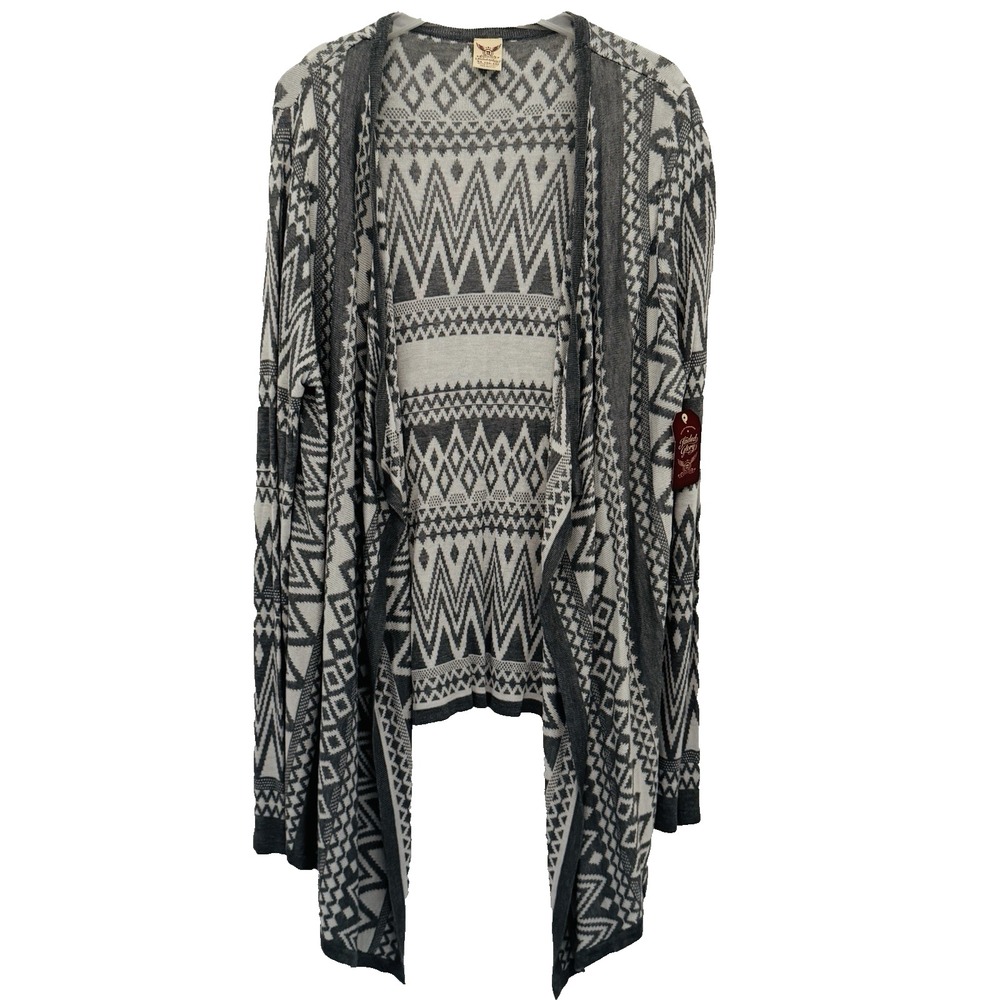 FADED GLORY Cardigan Womens XL (16-18) Grey Nativety Print Open Front VTG NEW